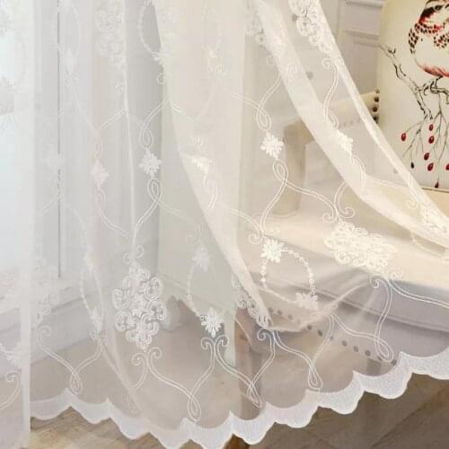 White Floral Embroidered Sheer Curtain for Living Room Country Style Lace Wave Bottom Mesh Organza Bay Window Drapes m224C