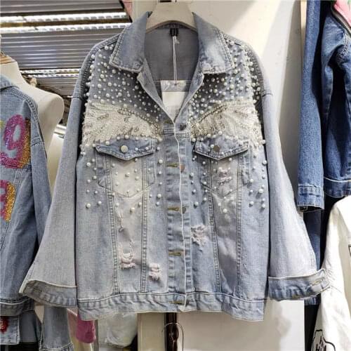 2021 New Spring Autumn Women Denim Clothes Oversize Jacket Coat Hole Diamond Pearl Beading Lace Embroidery Full Sleeve Jean Coat