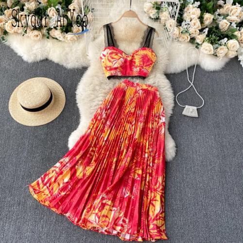 2021 Summer Two Piece Set Women Boho Beach Holiday Sets Printed Sexy Crop Top And Pleated Long Womens Skirt Elegant 2 Piece