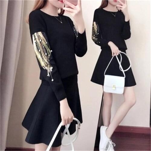 Sweater suit women New 2018 Suit Set Womens long Sleeve Stunning Sequins Knitting Tops + skirt two-piece suit women