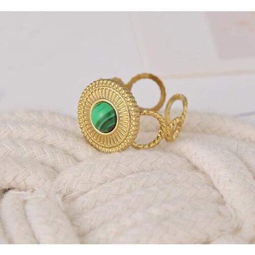 Bohemian Stainless Steel Finger Rings For Women Waterproof Gold Round Metal Green Natural Stone Adjustable Opening Ring Jewelry