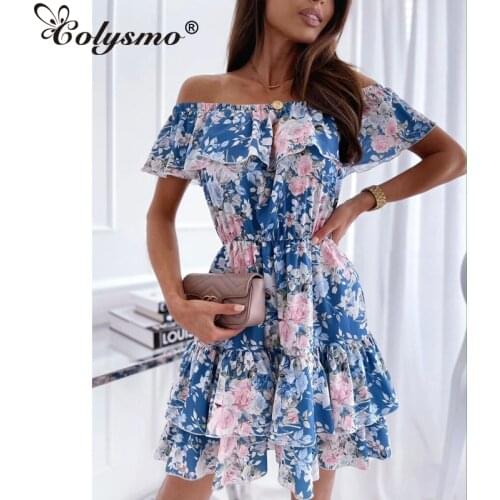 Colysmo Print Floral Dress Ruffle Off Shoulder Strapless A Line High Waist Mini Dresses Party Vestidos Casual Women Summer Dress