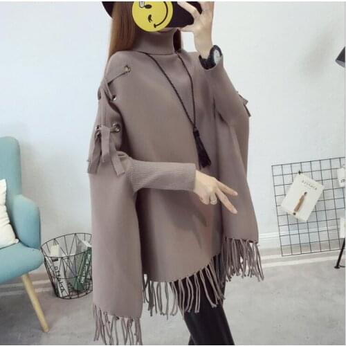 2021 Turtleneck Cloak Sweater New Fashion Plaid Knitting Poncho Batwing Sleeve Swing Tassel Hem Wrap Women Sweater
