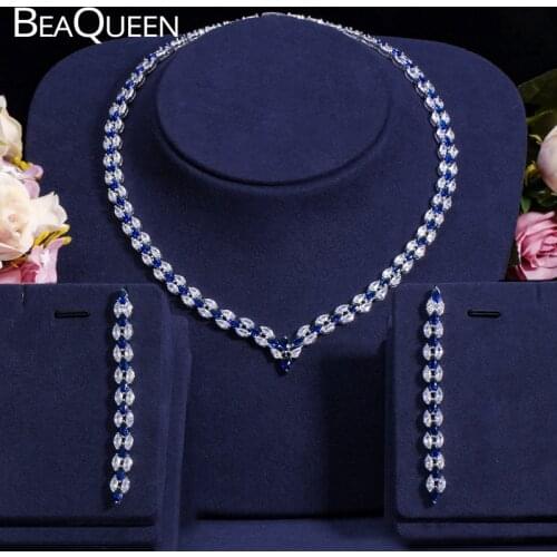 BeaQueen Elegant Women Wedding Costume Jewelery Royal Blue Cubic Zircon Long Bridal Earrings Necklace Sets for Brides JS021