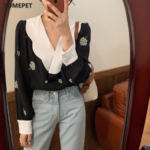 Vintage Blouses Elegant V-neck Spliced Printing Embroidery Korean Cotton Shirt Women Long Sleeves Loose Tops