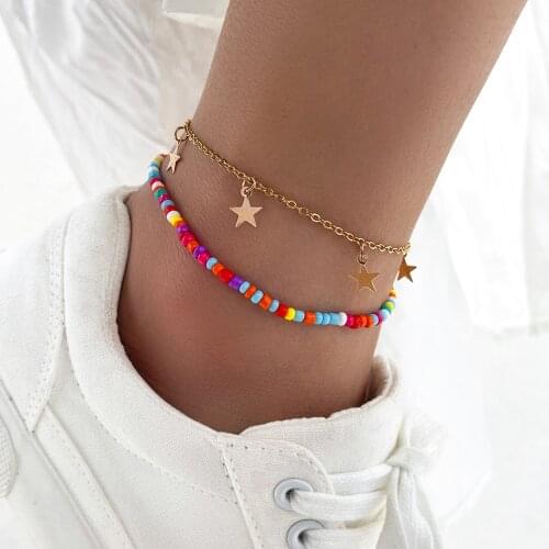Aprilwell 2 Pcs Colorful Beads Bracelet Anklet Set for Women Pendant Star Metal Gold Aesthetic Y2k Chains Summer Fashion Jewelry
