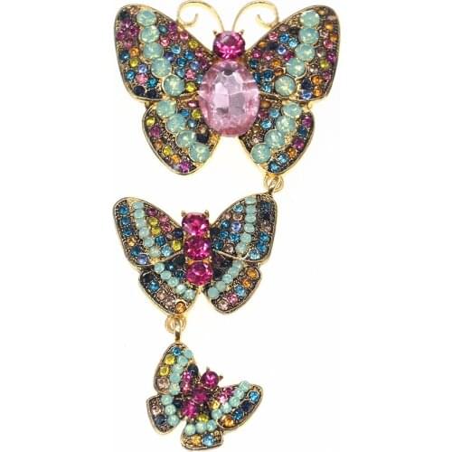Colorful Crystal Animal Insect Wedding Accessories Jewelry Brooches Three Rhinestone Butterfly Brooch Pin