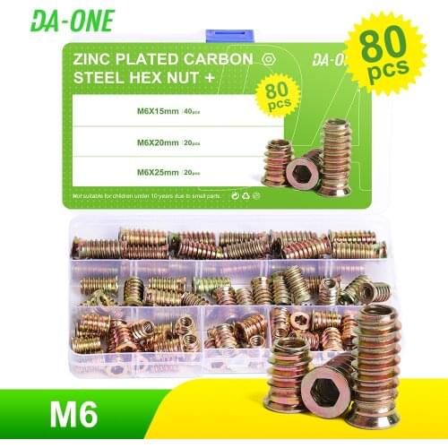 DA-ONE 80Pcs M6 Zinc Alloy Hex Flanged Screw-in Nut Hex Socket Drive Threaded Insert Nuts Assortment Set For Wood Furniture