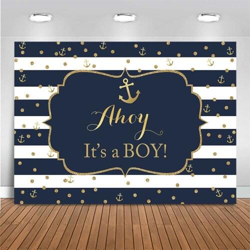 Its A Boy Baby Shower Backdrop Dark Blue and White Striped Golden Dots Boy Portrait Background Photo Shoot Birthday Background