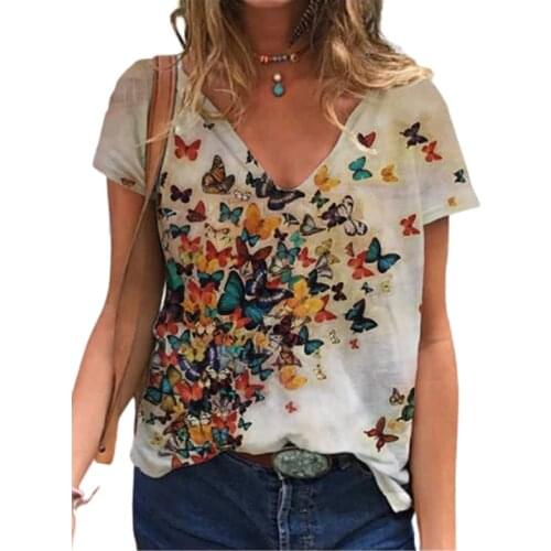 3D Butterfly Print T Shirt Women 2021 New Summer Oversize Tops Ladies Casual Short Sleeve V-Neck Loose Tee Top Plus Size 4XL 5XL