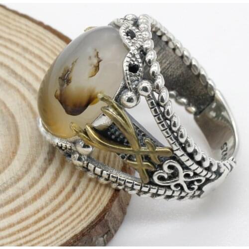 925 Sterling Silver Mens Ring Ocean Onyx Stone and Rattan Mens Punk Ring High Jewelry