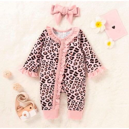 Baby Girls Romper Cotton Newborn Infant Baby Flare Sleeve Leopard Printed Jumpsuit Romper+Headbands Newborn Baby Clothes