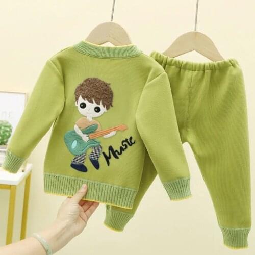 New Newborn Winter Autumn Baby Boys Girls Thick Clothing Set 2pcs Cardigan Velvet Sweaters+Pants Plus Velvet Knitted Baby Sets