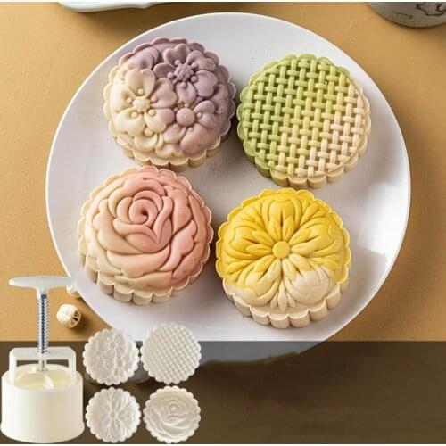 M17D Cookie Stamp Moon Cake Mold Set with Mode Pattern Bath Bombs DIY Festival Decoration Hand Cutter Cake Mold Kitchen Gift