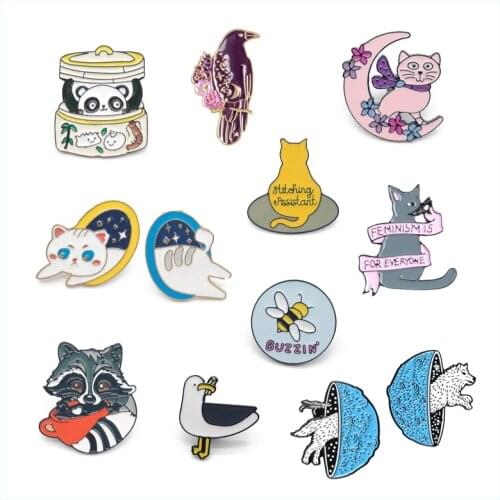 Cartoon Planet jumping Wolf Enamel Pins Cute Animal Cat bee Brooches Panda Bird Button Badges Fashion Jewelry For friends kids
