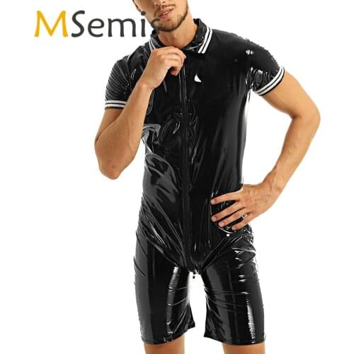 Mens Skinny Jumpsuit One Piece Body Lingerie Short Sleeves Zipper Wet Look Leather Teddy Bodysuit Male Club Dance Latex Catsuit