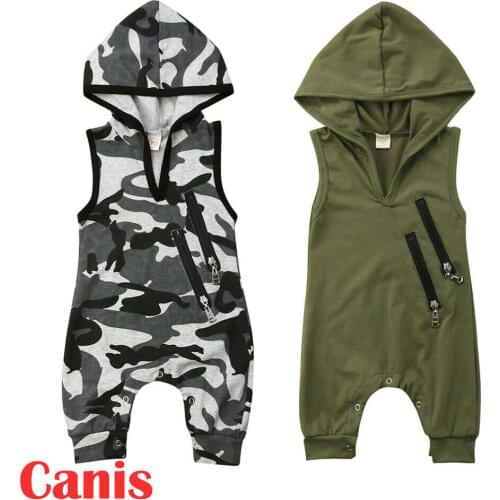 New Summer Baby Boy Sleeveless Clothes Camo Hooded Romper Jumpsuit Outfits