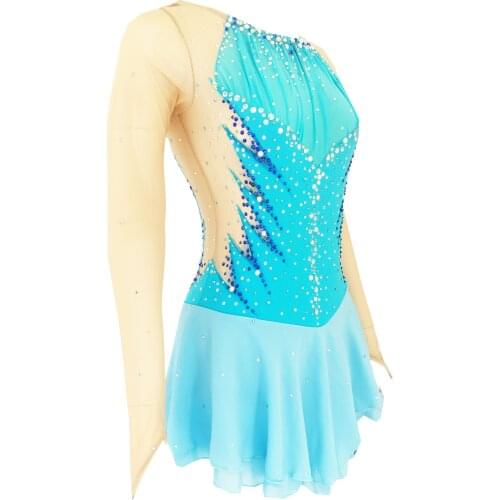 Blue Figure Skating Dress,Long-Sleeved Ice Skating Skirt,Fingerpoint Sleeves Spandex Competition Dresses Half Collar Mesh Skirt