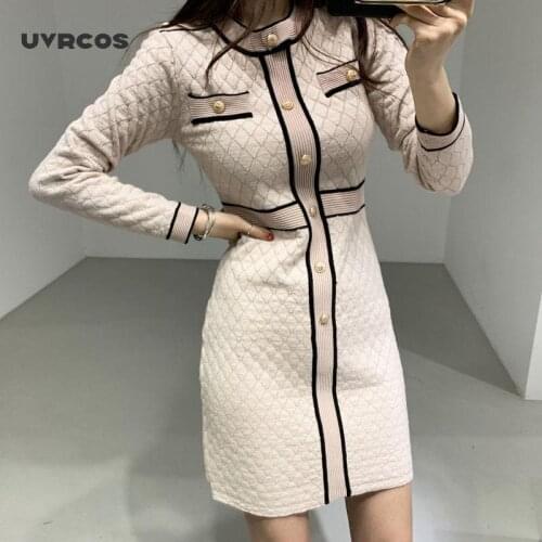 Autumn Winter Women Knitted Dress 2021 New Korean Long Sleeve O-Neck Bandage Sweater Clothing Elegant Ladies Dresses