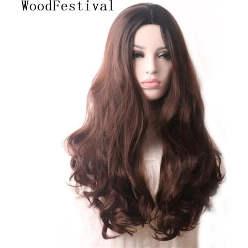 WoodFestival Synthetic Wavy Black To Brown Wig Female Cosplay Wigs For Women Long Hair Ombre Colored Pink Purple Blue Green Red