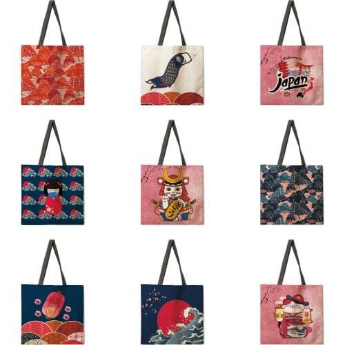 Ukiyo-e printed tote bag linen fabric bag casual folding shopping bag outdoor beach bag everyday handbag