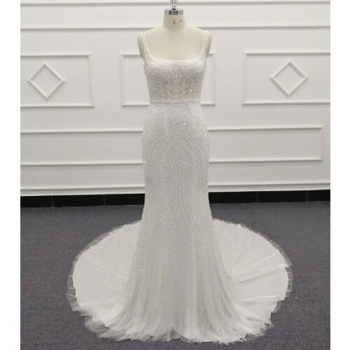 2021 New Arrivals Pearls Beadings Mermaid Wedding Dress Bones Sequins Chapel Train Vestido De Noiva Straps Illusion SJ658