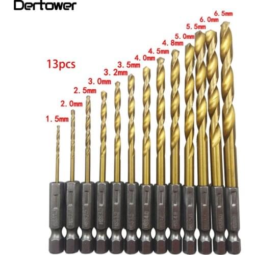 13pcs HSS Drill Bit For Metal Titanium Coated Twist Drill Set 1.5 ~ 6.5mm with 1/4" Hex Shank Hex Screw Woodworking DT6