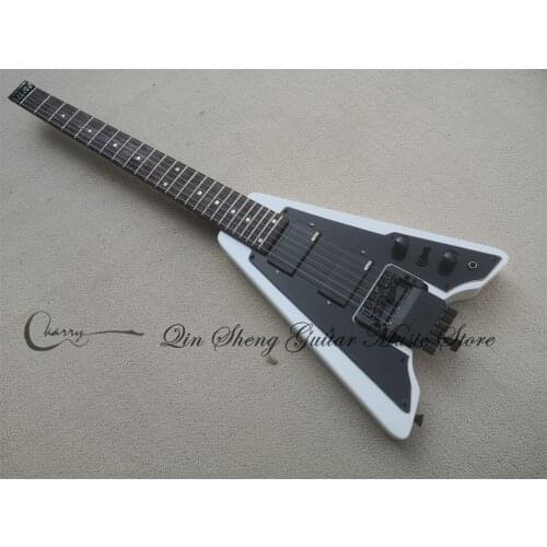 Order booking headless white electric guitar,6 strings stei guitar,HH pickups,black pickguard,Black buttons
