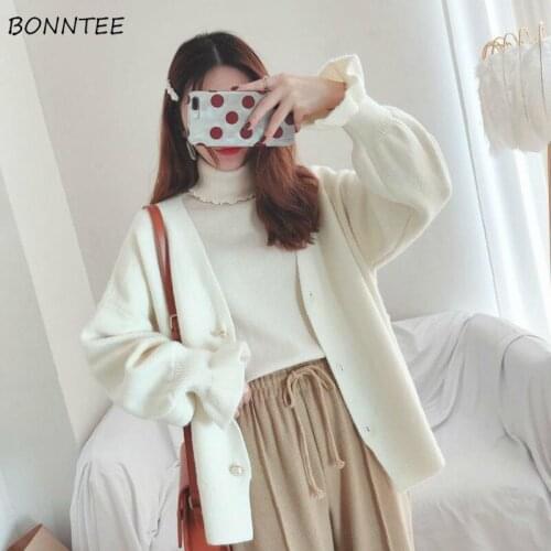 Sweaters Women Solid V-Neck Flare Sleeve Knitting Loose Lazy Student Sweet Ulzzang Ladies Cardigan All-match Lovely Casual Chic