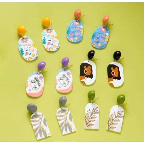 3D Stereo Acetate Plate Geometric Long Earrings Painted Flowers and Leaves Portrait S925 Silver Needle Earrings for Female