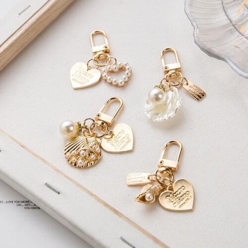 4Pcs Cute Love Letter Shell Conch Pearl Metal Golden Keychain Kit Girls Bag Charm Car Keyring Fashion Jewelry