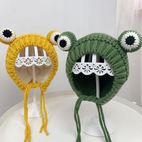5 Color Novelty Kids Baby Winter Warm Chunky Cable Knitted Beanie Hat Cute Cartoon Frog Shaped Plush Lined Windproof Earflap Cap