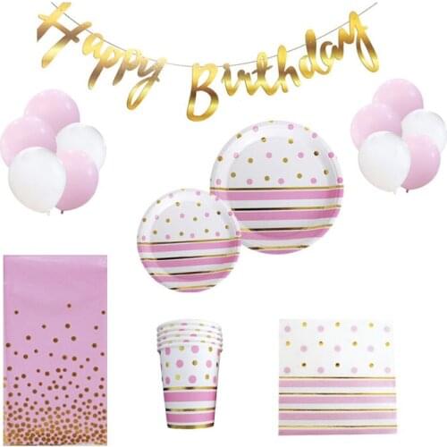 76Pcs Pink Polka Dot Stripe Birthday Party Decorations Girls Favor Tableware Disposable Cups Plates Banners Tablecloths Napkins