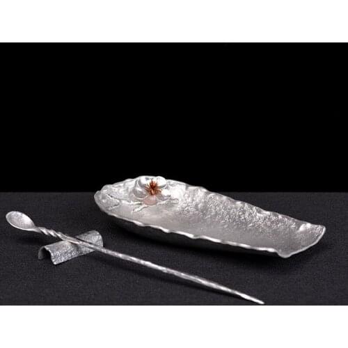 Pure Tin Tea Spoon Three-Piece Handmade Caddy Spoon Hammer Patterned Tea Holder Tea Spoon Tea Pick Tea Accessories Shovel Spoon