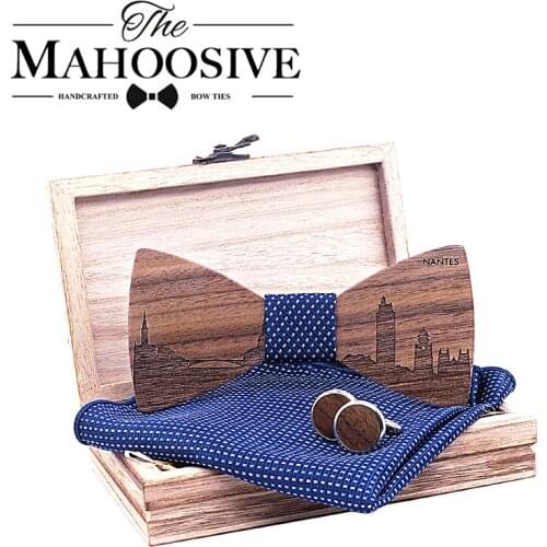 Walnut Wood France Nantes Skyline Wooden Bow ties Butterfly Gravata Skyline Ties For Men Cufflinks noeud papillon cravate