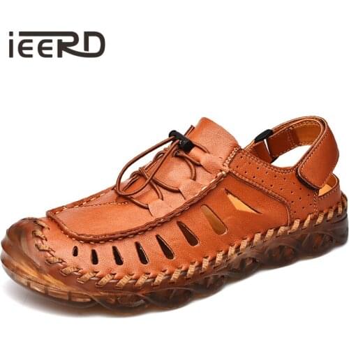 IEERD Microfiber Leather Men Sandals Breathable Summer Shoes Large Size Outdoor Beach Sandals Transparent Sole Casual Footwear