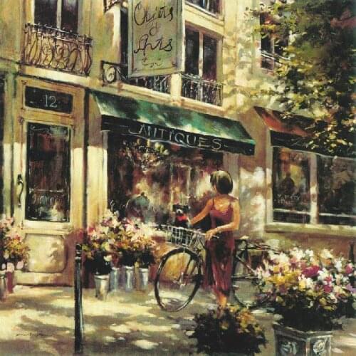 Prints picture inpressionist street oil painting beautiful bike girl before the flower shop canvas wall art home decor