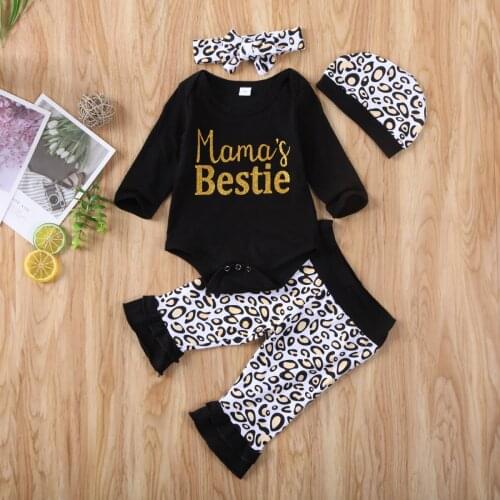 Pudcoco Newborn Baby Girl Clothes Letter Gilding Long Sleeve Romper Tops Leopard Print Long Pants Headband Hat 4Pcs Outfits Set