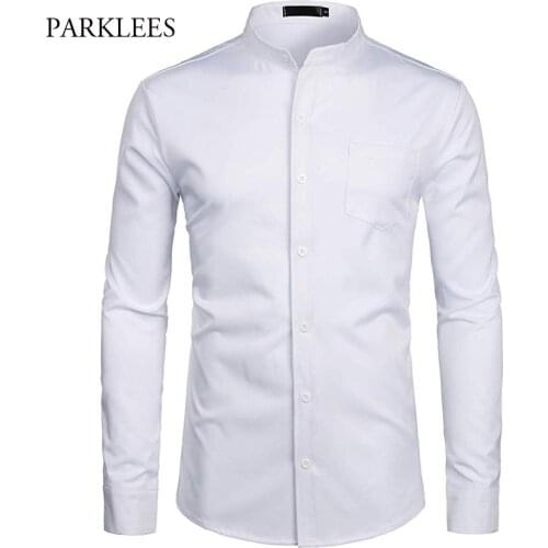 White Shirt Men Business Solid Color Pocket Men Shirt Casual Slim Fit Wedding Prom Mens Dress Shirt Long Sleeve Camisas Hombre