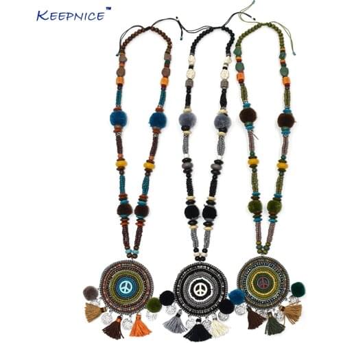 New handmade Bohemian Boho chic Necklace Pompous pendants Necklace Military green peace symbol beaded chain pendant Necklaces