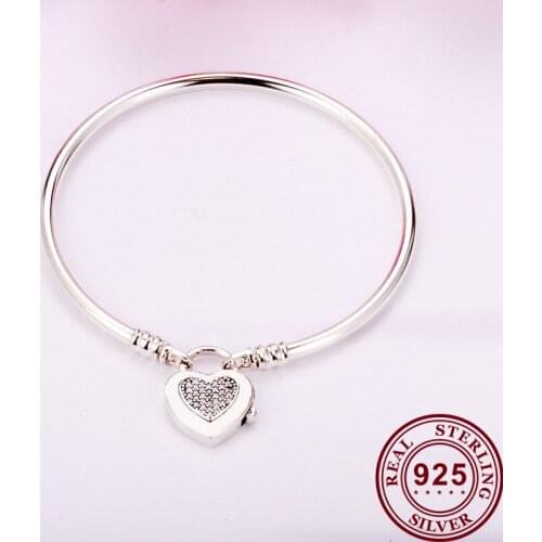 Original 925 брелок Silver Pan Bracelet Heart Shaped Crystal Cz Chain Pan Bracelet Fit European Charm Bracelets Women Jewelry