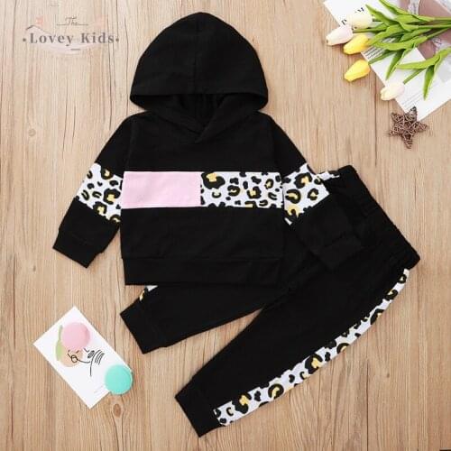 2020 Autumn Baby Boy Girl Fall Cloth Tracksuit 2PS Leopard Print Patchwork Long Sleeve Tops Hooded Pullover Sweatshirt Pants