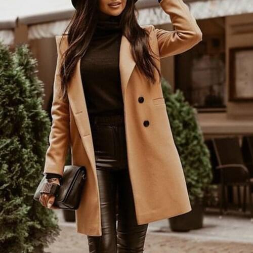 Mid-long Casual Solid Winter Fashion Wool Coats Khaki Turn Down Collar Wool Blend Coat And Jacket Single Breasted Coat Femenino