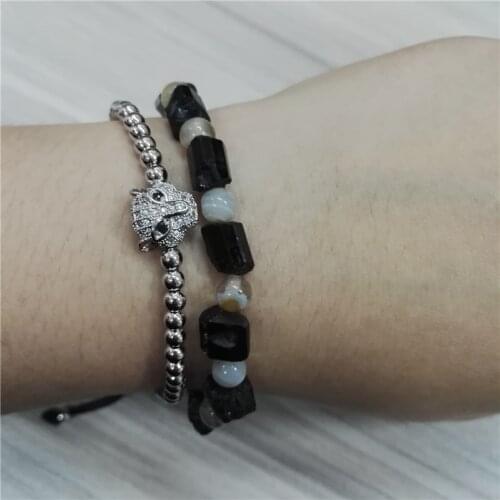 Natutal Raw Rough Black Tourmaline With 6Mm Round Hematite Brown Tiger Eye Hamsa Metal Charms Unisex Beaded Dainty Bracelets