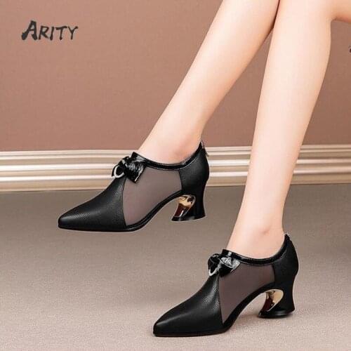 Mesh Single Shoes Women Thick Heel Hollow Baotou Sandals Women 2021 New Bow Mid-heel Shoes Spring Leather Womens Shoes