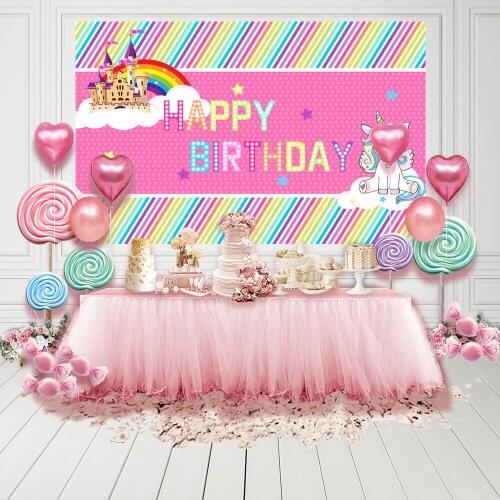 Sweet Birthday Table Decor Pink Gold Strips Rainbow Unicorn Castle Stars Background Photocall Photobooth Photography Backdrops