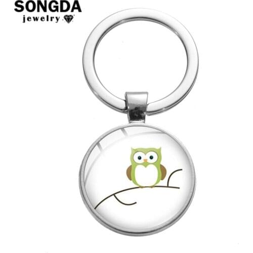 SONGDA Big Eyes Owl On A Branch Keychain Cute Bird Cartoon Printed Glass Round Pendant Keyring Car Key Chain Accessories Llavero