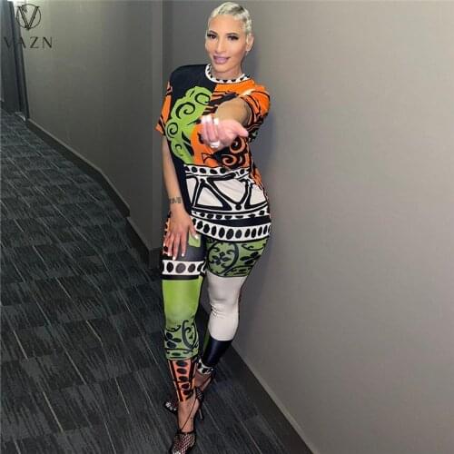 VAZN 2020 Casual Shinny Hip Pop Short Sleeve Young Sexy High Street Soft Long Bandage pants Women 2 Piece Set