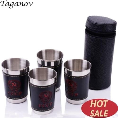 Wine Beer Whiskey Cup with PU Leather Cover 4 pcs /set 304 Stainless Steel Outdoor Travel Mug for camping holiday picnic 6oz 2oz