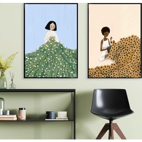 Knit garden Girl Posters Prints Canvas Painting Abstract Sewing Sunflower Wall Art Pictures for Bedroom Living Room Gift Decor